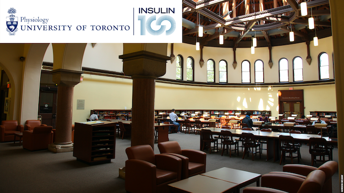Image of Gerstein Library with Physiology and Insulin 100 logos