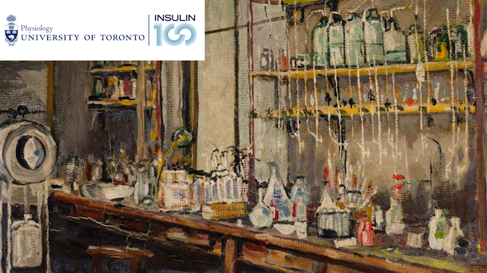 zoom background with a painting of a lab and Physiology and Insulin 100 logos