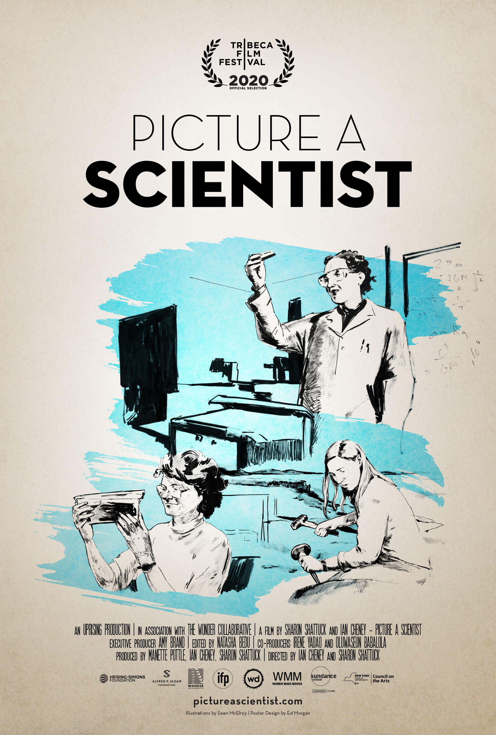 poster for film "Picture A Scientist" featuring drawings of the three scientists featured in the film. 
