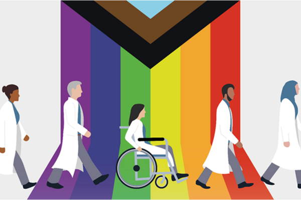 Illustration of five scientists of different races and abilities with a pride flag in the background