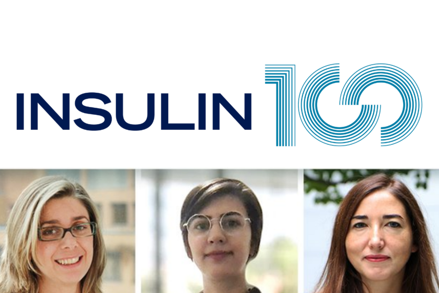 Photo of Drs. Nunes Vasconcelos, Aghazadeh, and Nostro with an Insulin100 logo.
