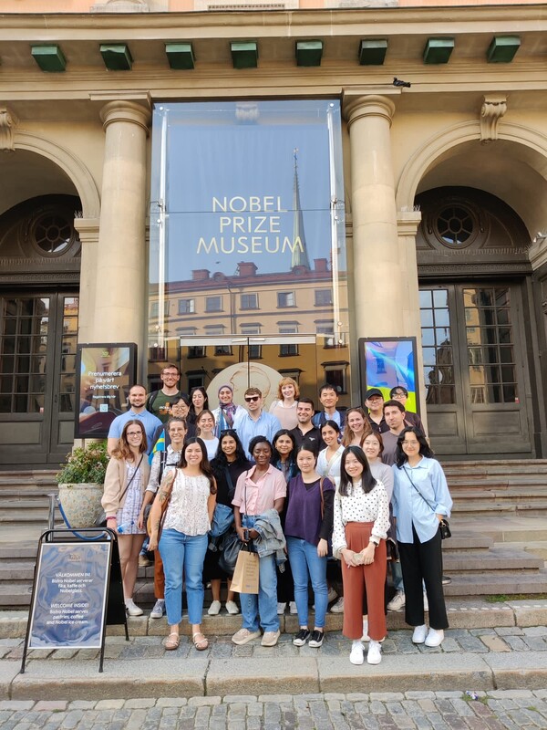Students stand in front of the Nobel Prize Museum